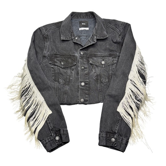 Urban Outfitters BDG Concert Jean Jacket Fringe Sleeves Cropped Black Western‎ L - Picture 1 of 9
